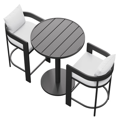 Tahoe 3-Piece Outdoor Patio Aluminum Bar Set with black frames, gray round table, white cushions on Tampa Home & Garden Store