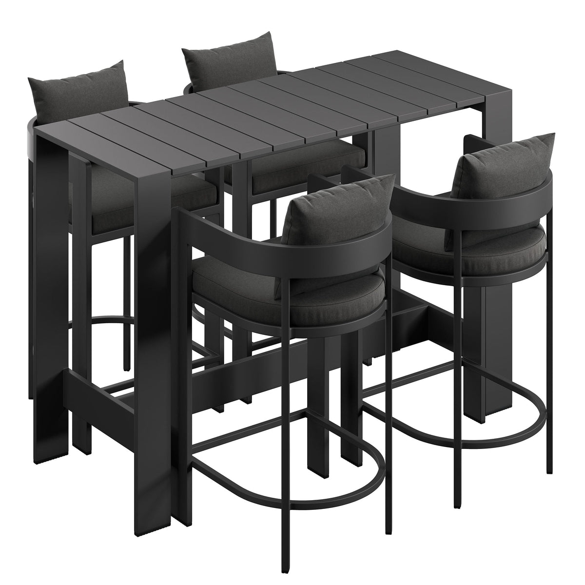 Tahoe 5-Piece Outdoor Bar Table Set with dark gray cushions and black metal frame four stools on Tampa Home & Garden Store