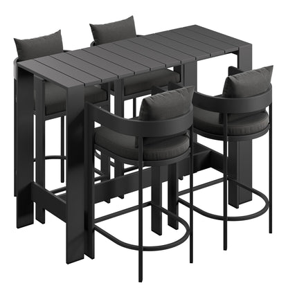 Tahoe 5-Piece Outdoor Bar Table Set with dark gray cushions and black metal frame four stools on Tampa Home & Garden Store
