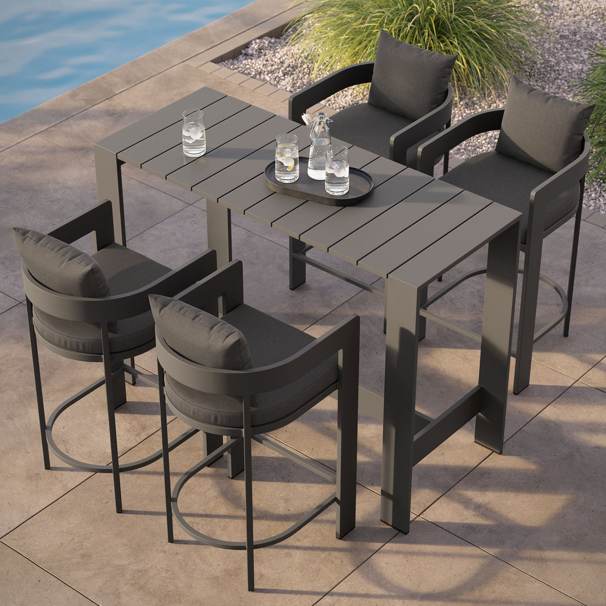 Tahoe 5-Piece bar table set with gray slatted top and four cushioned bar-height chairs on Tampa Home & Garden Store