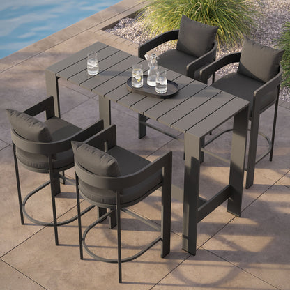 Tahoe 5-Piece bar table set with gray slatted top and four cushioned bar-height chairs on Tampa Home & Garden Store