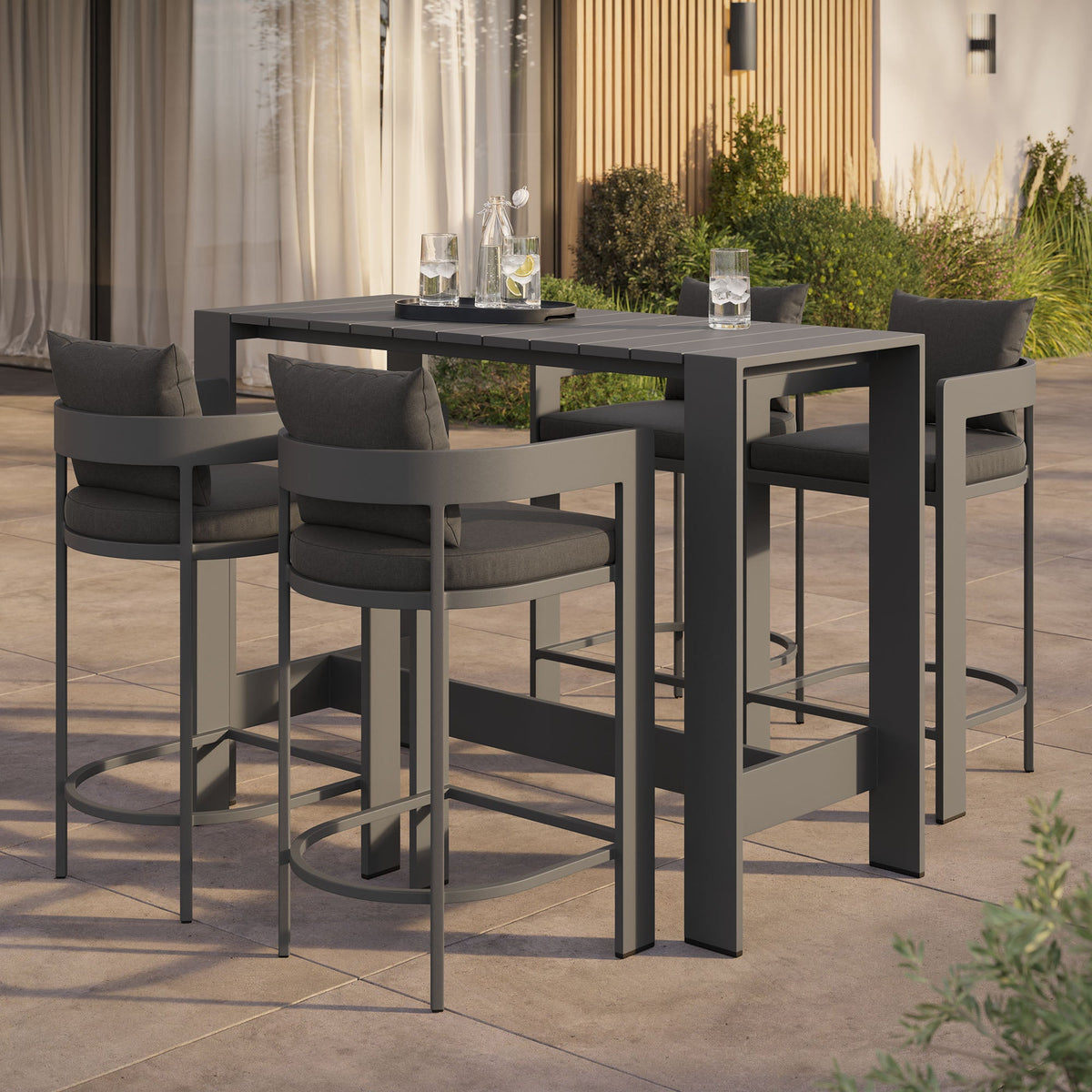 Tahoe 5-Piece Outdoor Bar Table Set by Modway in charcoal gray with Cushioned bar-height stools on Tampa Home & Garden Store