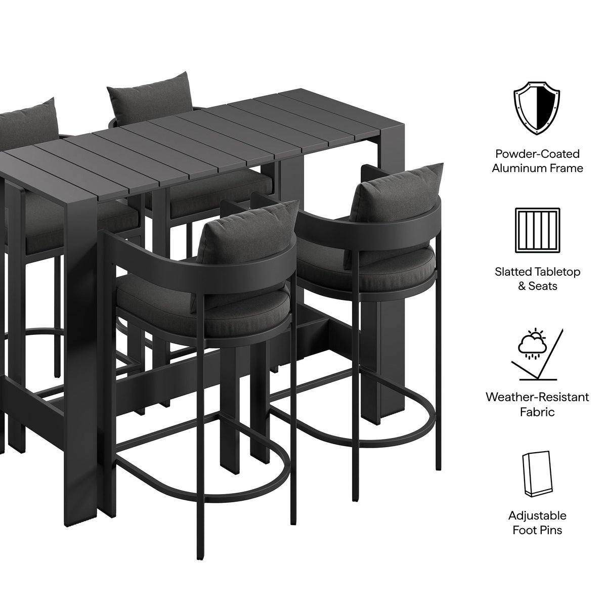 Tahoe 5-Piece outdoor bar table set by Modway, powder-coated aluminum frame with cushioned stools on Tampa Home & Garden Store