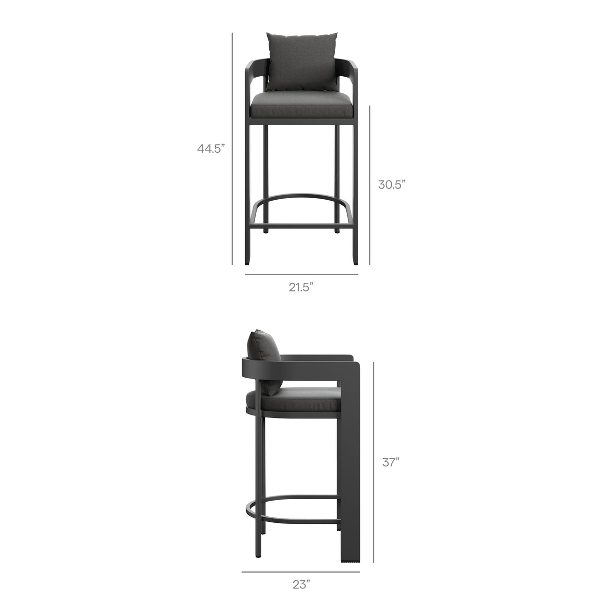 Tahoe outdoor bar stool with dark metal frame and charcoal cushions on Tampa Home & Garden Store