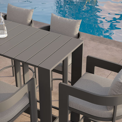 Tahoe 5-Piece Patio Bar Table Set by Modway, gray slatted table with cushioned chairs on Tampa Home & Garden Store