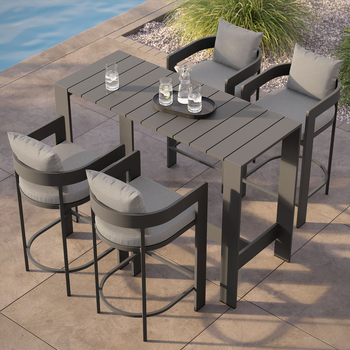 Tahoe 5-Piece Outdoor Patio Bar Table Set by Modway with four gray cushioned chairs and a slatted gray table on Tampa Home & Garden Store