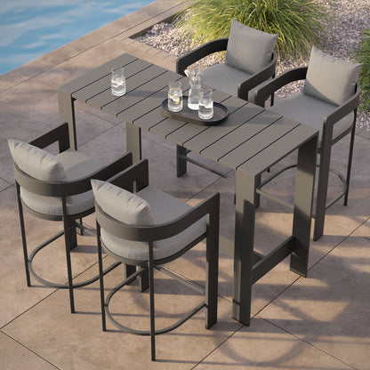 Tahoe 5-Piece Outdoor Patio Bar Table Set by Modway with four gray cushioned chairs and a slatted gray table on Tampa Home & Garden Store