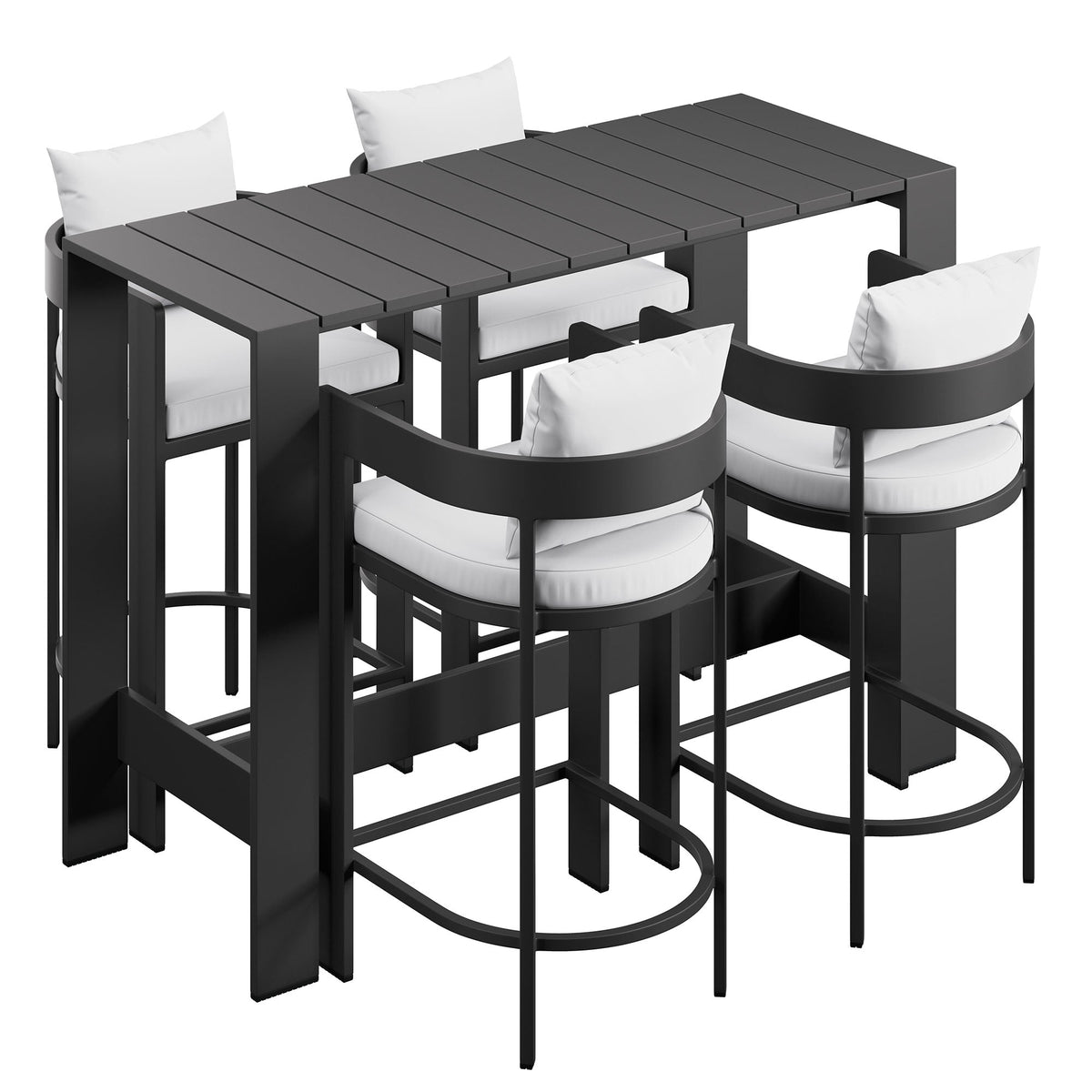 Tahoe 5-Piece outdoor patio bar table set by Modway in dark gray metal with white cushions on Tampa Home & Garden Store