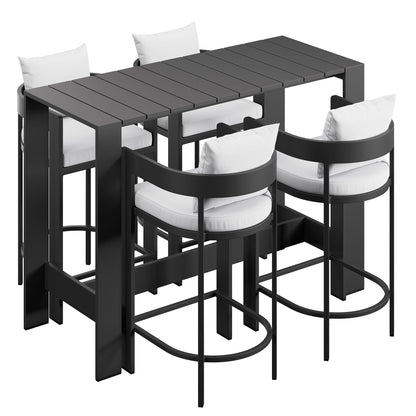 Tahoe 5-Piece outdoor patio bar table set by Modway in dark gray metal with white cushions on Tampa Home & Garden Store