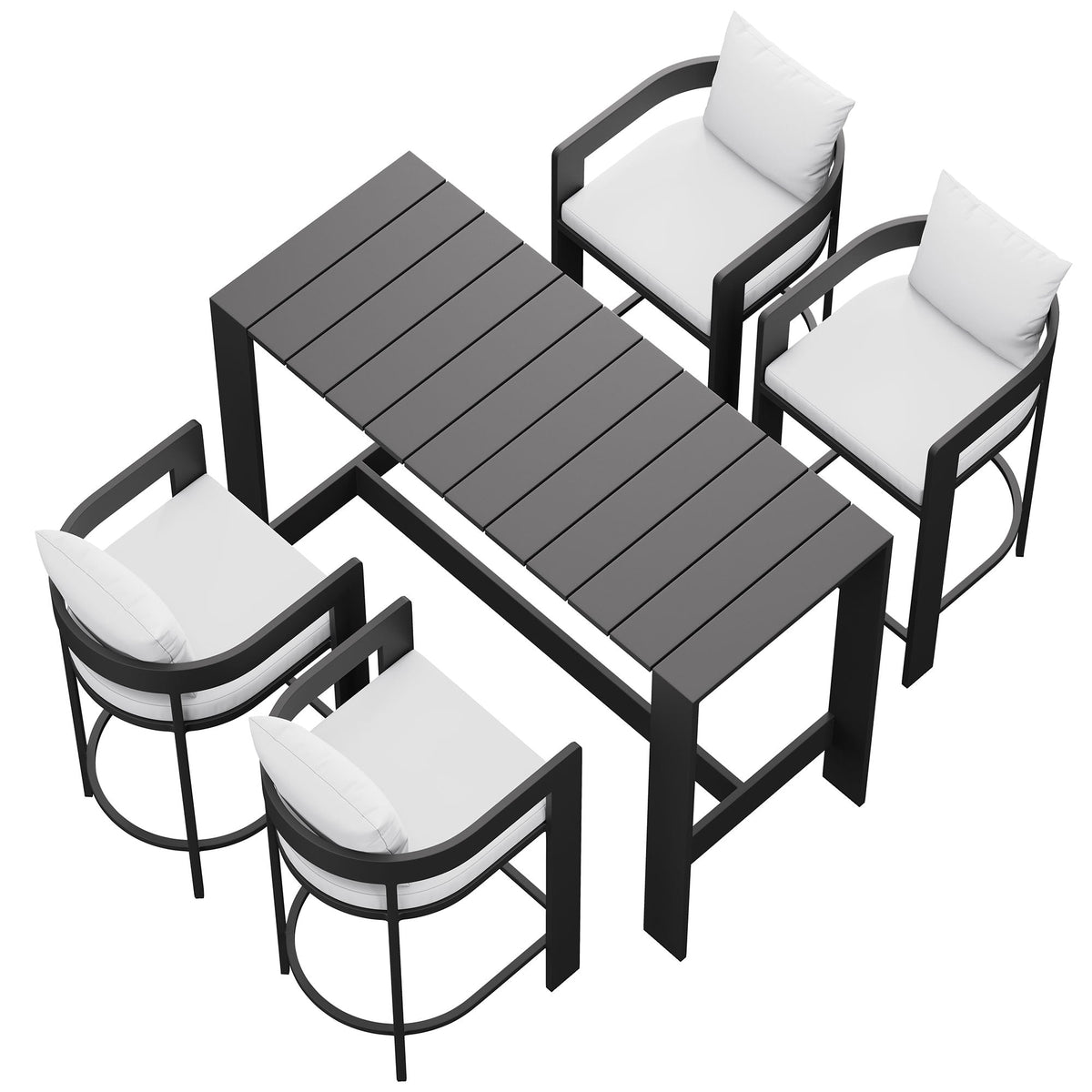Tahoe 5-Piece Outdoor Patio Bar Table Set by Modway with gray slat tabletop, black frames, and white cushions on Tampa Home & Garden Store