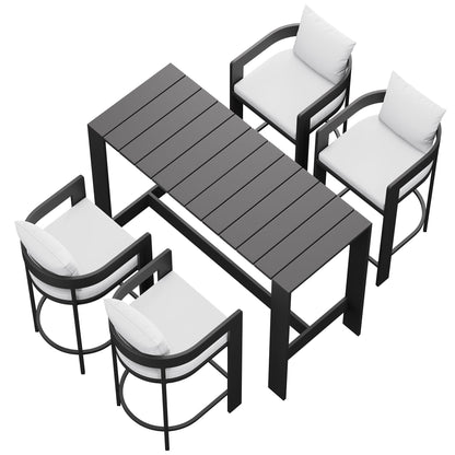Tahoe 5-Piece Outdoor Patio Bar Table Set by Modway with gray slat tabletop, black frames, and white cushions on Tampa Home & Garden Store
