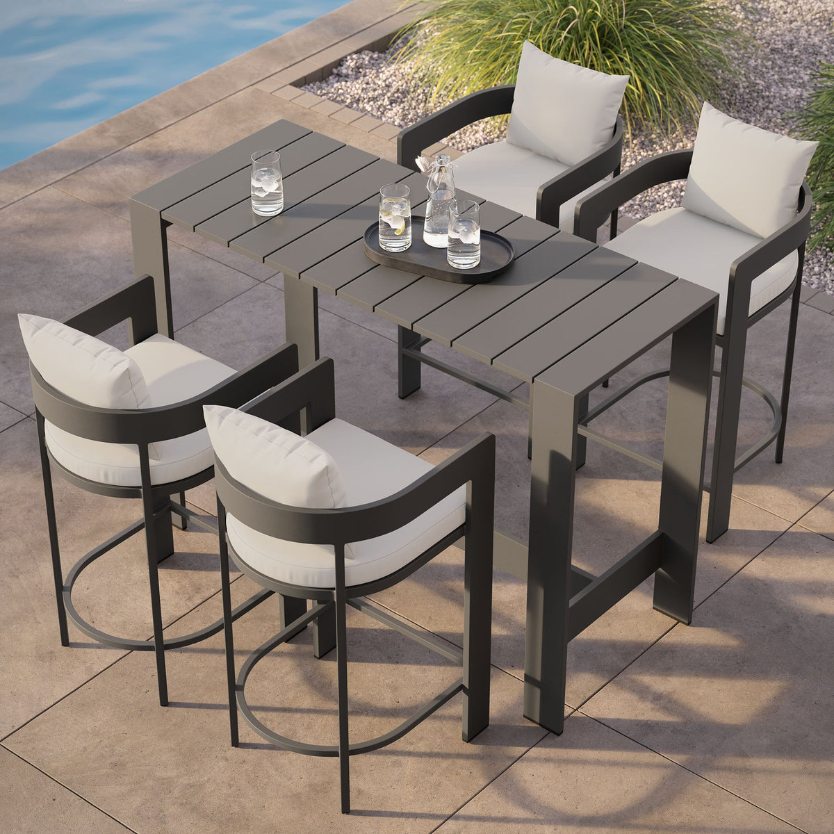 Tahoe 5-Piece Outdoor Patio Bar Table Set by Modway, gray slat table with cushioned chairs on Tampa Home & Garden Store