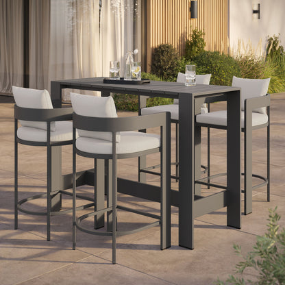 Tahoe 5-Piece Bar Table Set in dark gray metal with white cushions, 4 stools around table on Tampa Home & Garden Store