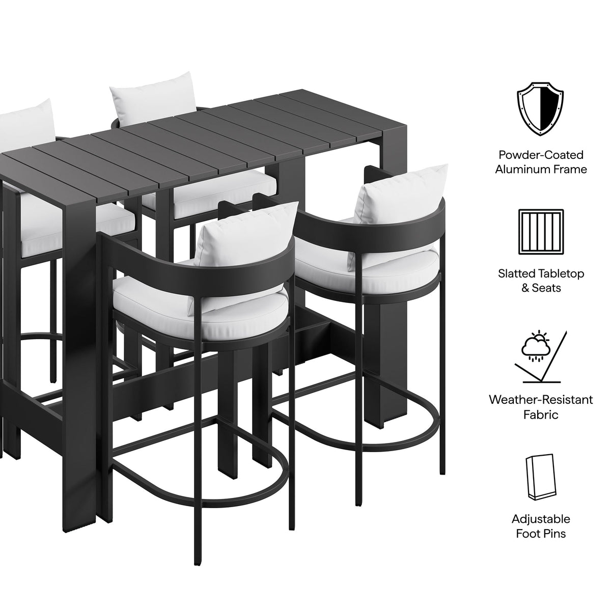 Tahoe Outdoor Bar Table Set Modway aluminum frame dark gray slatted top with white cushions on Tampa Home & Garden Store