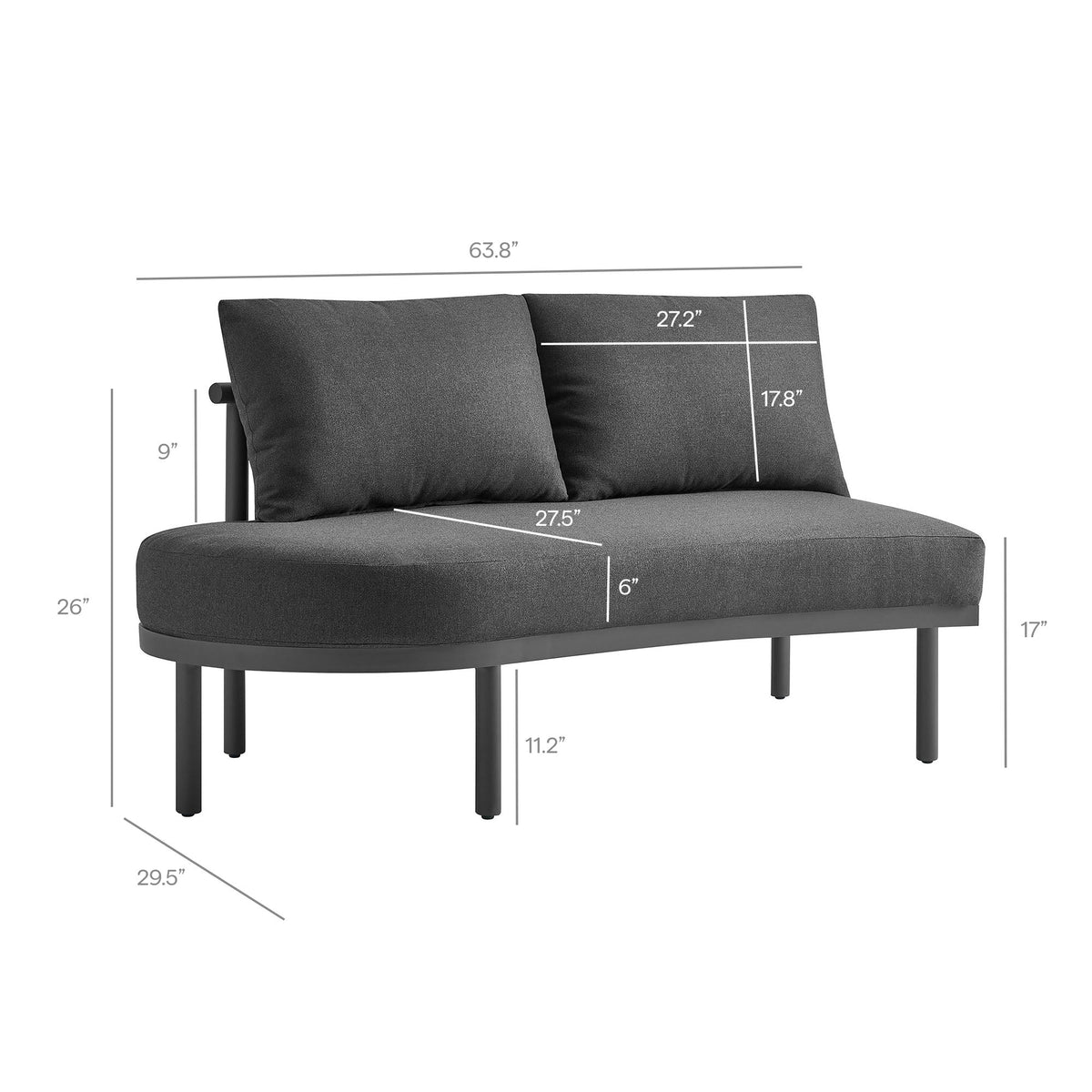Porta 3 Piece Outdoor Patio Aluminum Modular Sofa by Modway with dark gray cushions and frame on Tampa Home & Garden Store