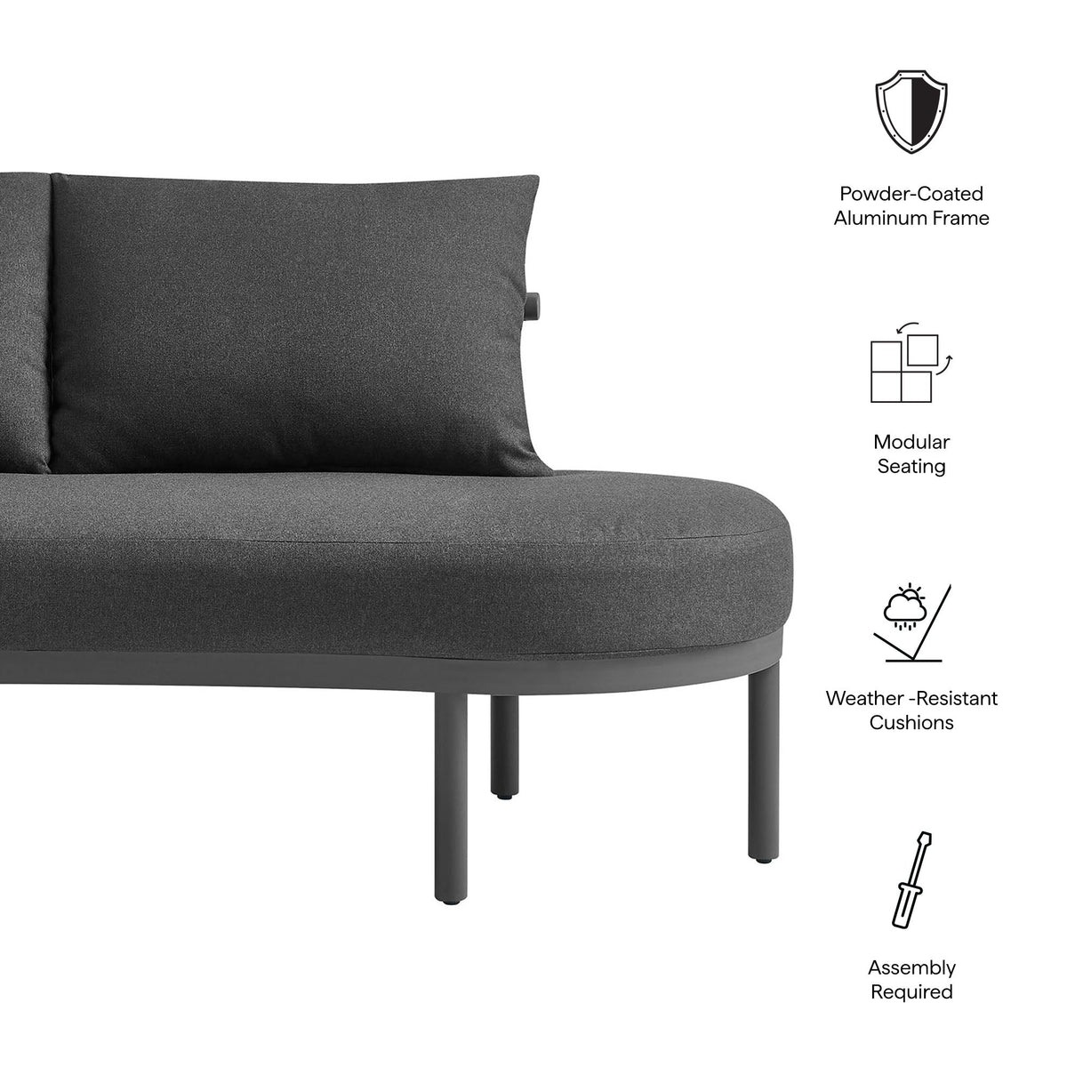 Porta right-arm outdoor modular sofa by Modway with charcoal cushions and aluminum frame on Tampa Home & Garden Store