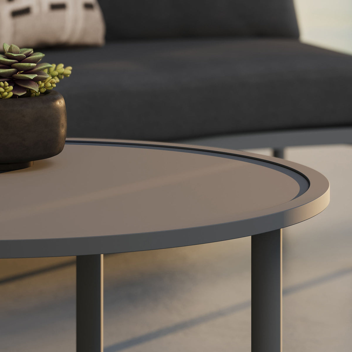 Porta 2 Piece Nesting Outdoor Patio Aluminum Coffee Table Set round gray table with curved edge on Tampa Home & Garden Store
