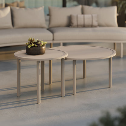 Porta 2-Piece Nesting Outdoor Patio Round Aluminum Coffee Tables with succulent centerpiece on Tampa Home & Garden Store