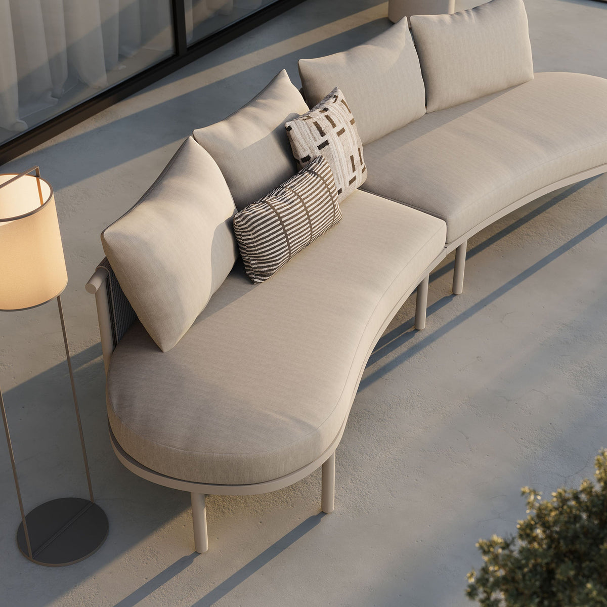 Porta 2-Piece outdoor aluminum modular sofa in beige cushions on a modern patio on Tampa Home & Garden Store