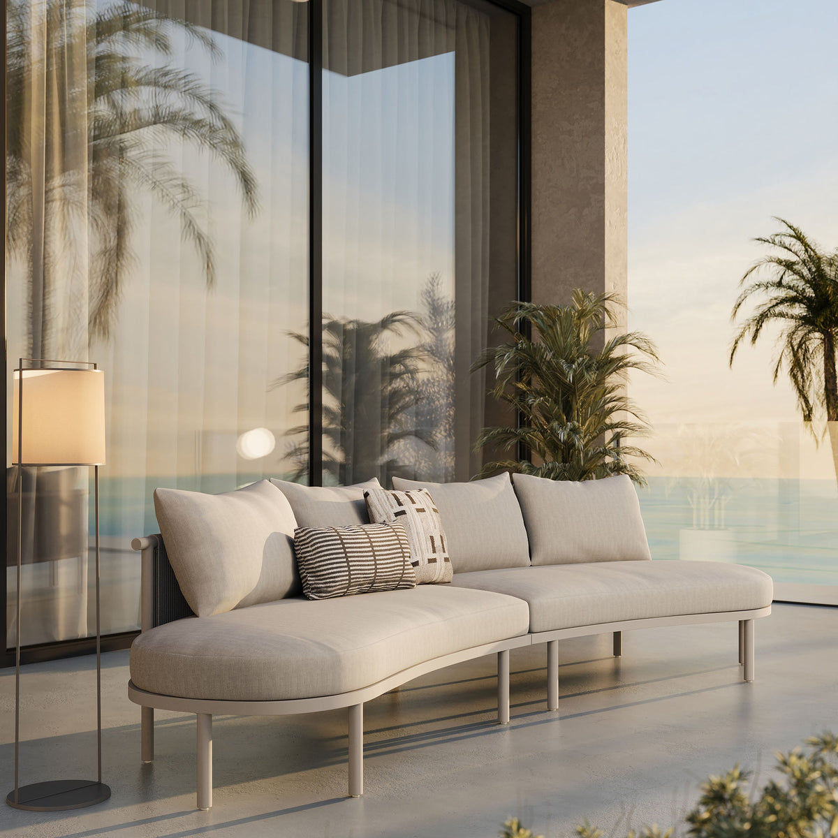 Porta 2-Piece Outdoor Aluminum Modular Sofa by Modway with beige cushions on a modern patio on Tampa Home & Garden Store