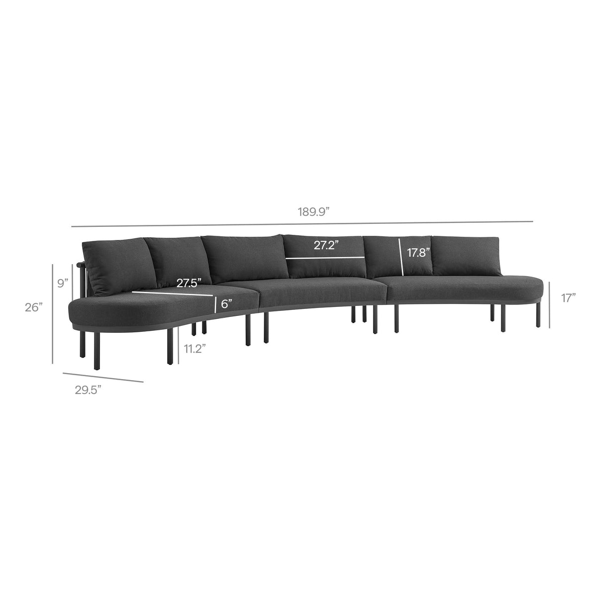 Porta 3 Piece Outdoor Patio Aluminum Modular Sofa with charcoal cushions and slim legs on Tampa Home & Garden Store