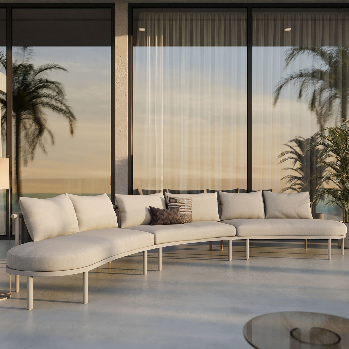 Porta 3-Piece Outdoor Aluminum Modular Sofa by Modway with cream cushions on a patio on Tampa Home & Garden Store