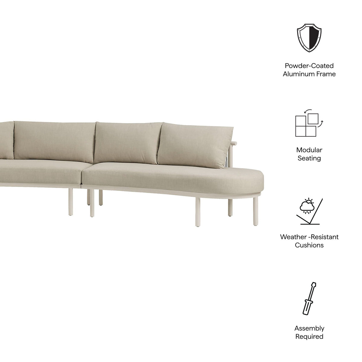 Porta 3 Piece Outdoor Patio Aluminum Modular Sofa with beige cushions powder-coated frame on Tampa Home & Garden Store