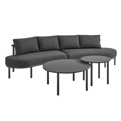 Porta 4 Piece Aluminum Modular Sofa Set with dark gray cushions and 2 round coffee tables on Tampa Home & Garden Store