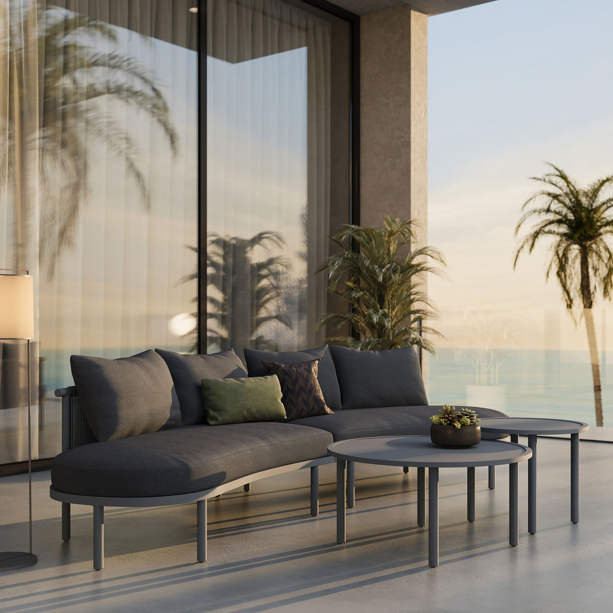 Porta 4 Piece Outdoor Aluminum Modular Sofa Set by Modway with dark gray cushions on patio on Tampa Home & Garden Store