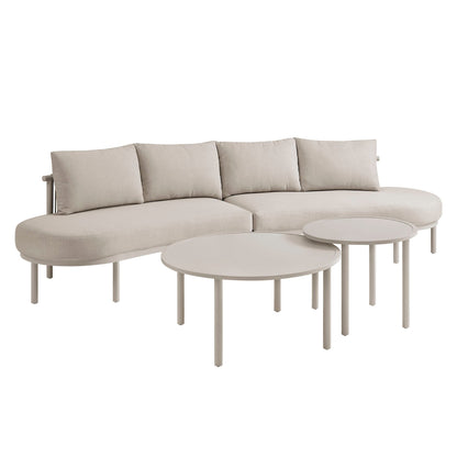 Porta 4 Piece Outdoor Aluminum Modular Sofa Set with beige cushions and 3 round tables on Tampa Home & Garden Store
