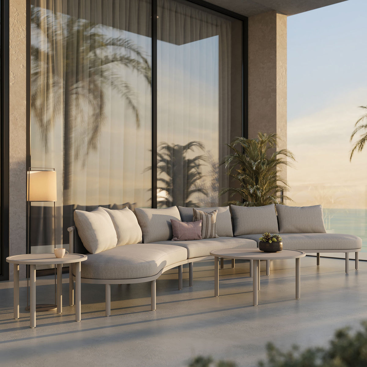 Porta 5-Piece Outdoor Aluminum Modular Sofa Set by Modway with beige cushions on a patio on Tampa Home & Garden Store