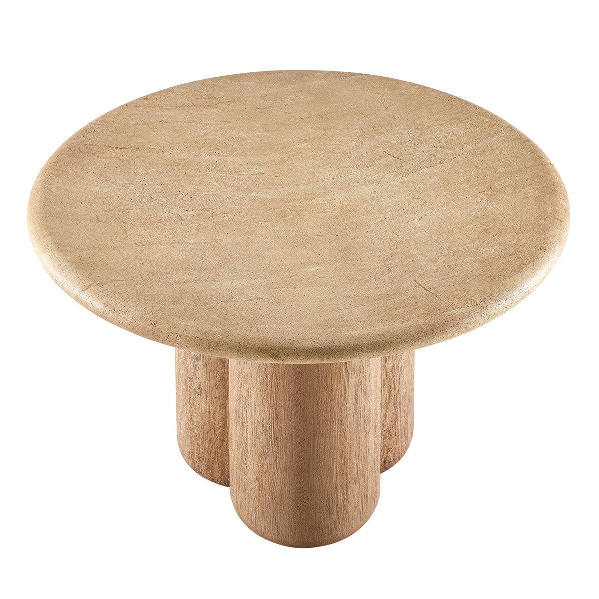 Tori 48-inch round indoor/outdoor patio dining table beige travertine top with wood pedestal on Tampa Home & Garden Store