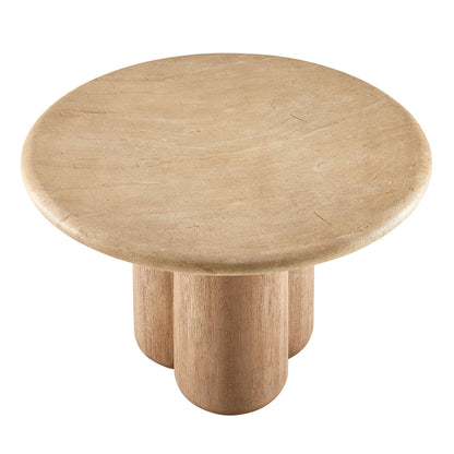 Tori 48-inch round indoor/outdoor patio dining table beige travertine top with wood pedestal on Tampa Home & Garden Store