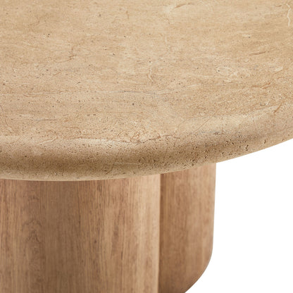 Tori 48in round indoor/outdoor dining table with tan stone top and wooden pedestal base on Tampa Home & Garden Store