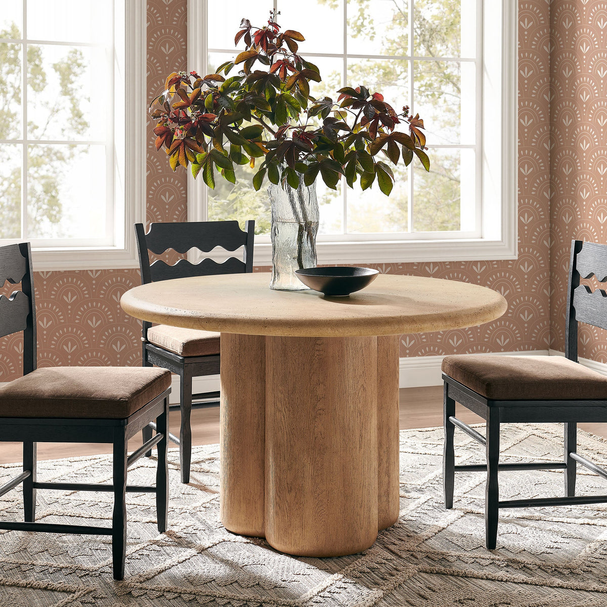 Tori 48 Inch Round Dining Table by Modway with natural wood pedestal base and black chairs on Tampa Home & Garden Store