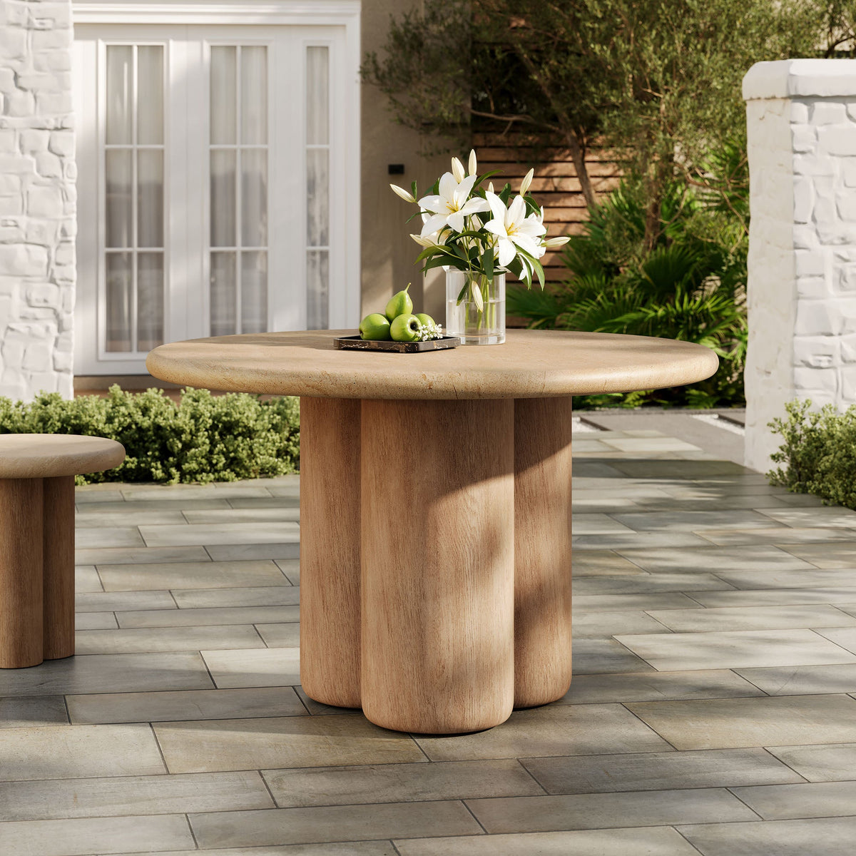 Tori 48 Inch Round Indoor Outdoor Patio Dining Table with natural wood pedestal base on Tampa Home & Garden Store