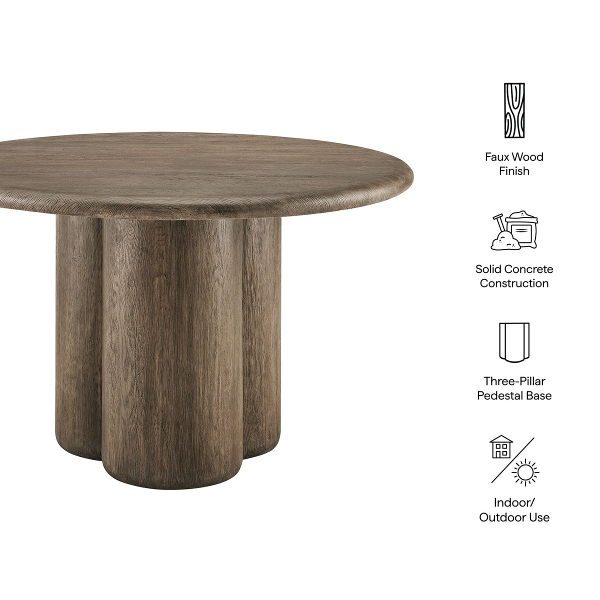 Tori 48in Round Patio Dining Table Modway faux wood finish with three-pillar pedestal base on Tampa Home & Garden Store