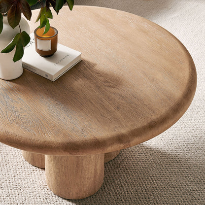 Round wooden Tori 31in patio coffee table indoors/outdoors by Modway with vase and candle on Tampa Home & Garden Store