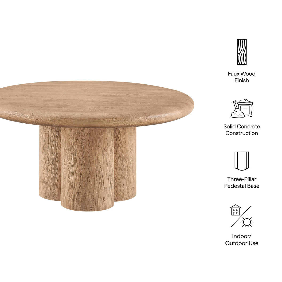 Tori 31-inch round patio coffee table with faux wood finish and three-pillar pedestal base on Tampa Home & Garden Store