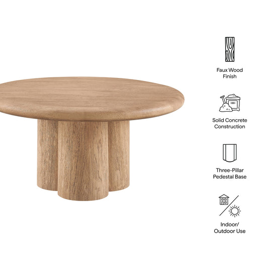 Tori 31-inch round patio coffee table with faux wood finish and three-pillar pedestal base on Tampa Home & Garden Store