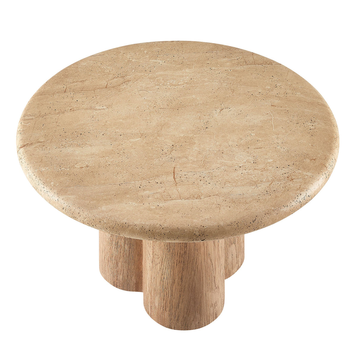 Tori 31in round patio coffee table beige stone top and wooden pedestal base by HouseOfZazla on Tampa Home & Garden Store