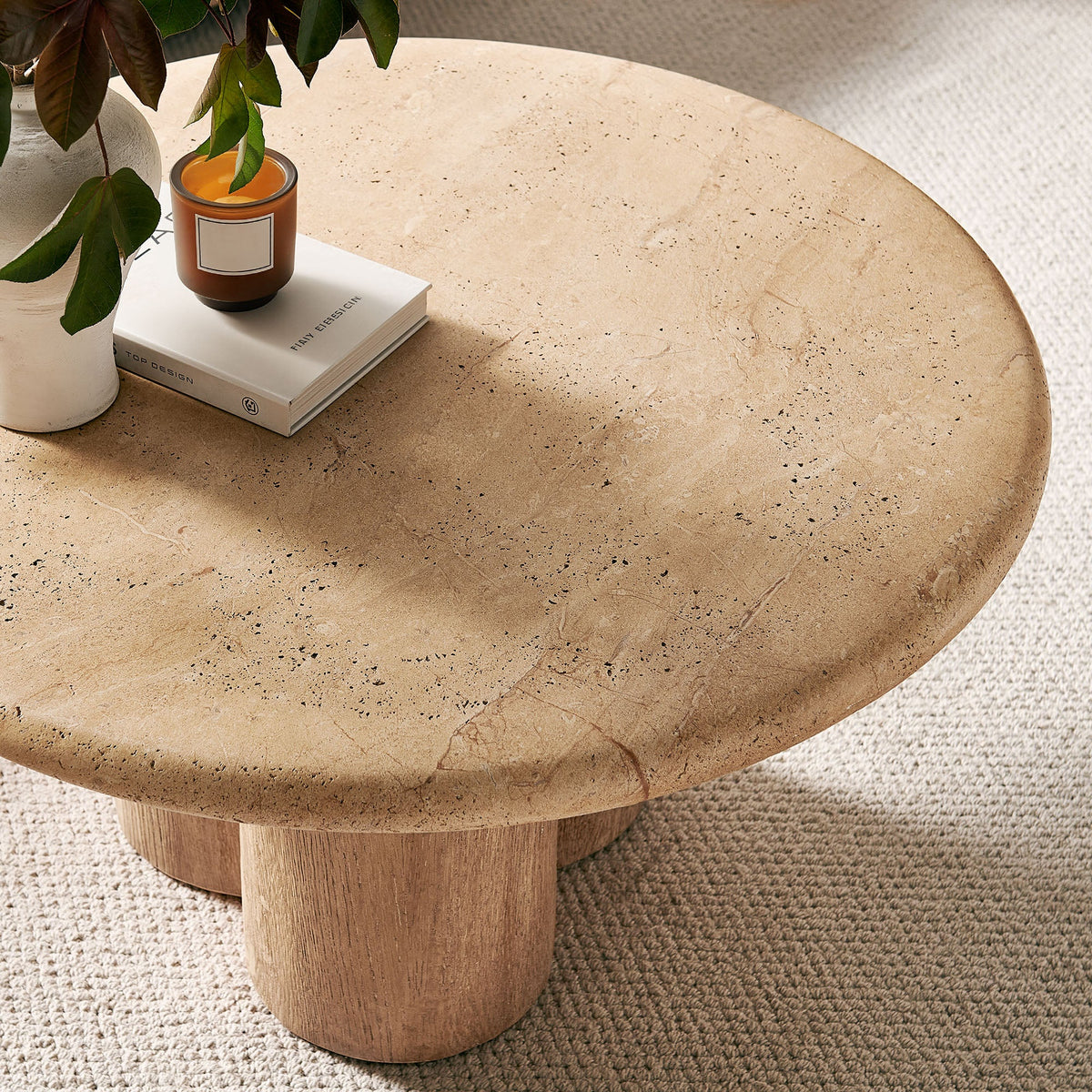 Tori 31-Inch Round Patio Coffee Table by Modway tan terrazzo-style top on a wooden pedestal base on Tampa Home & Garden Store