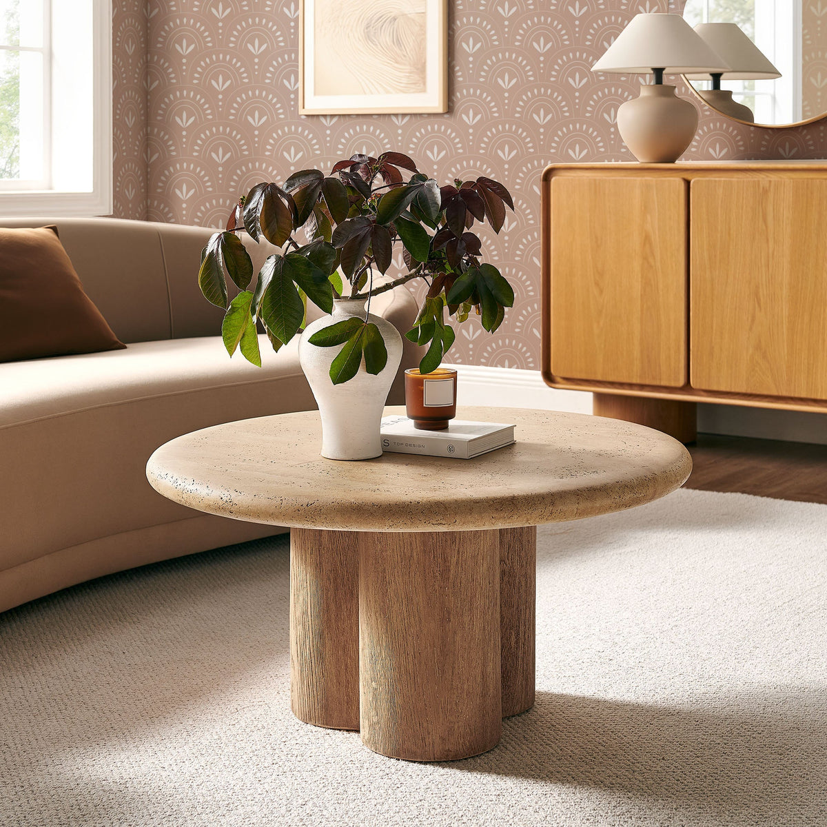 Modway Tori 31-Inch Round Coffee Table with beige stone-top on a wood pedestal on Tampa Home & Garden Store