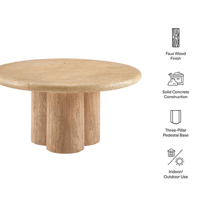 Tori 31 Inch Round Coffee Table faux wood finish three-pillar pedestal base indoor outdoor use on Tampa Home & Garden Store