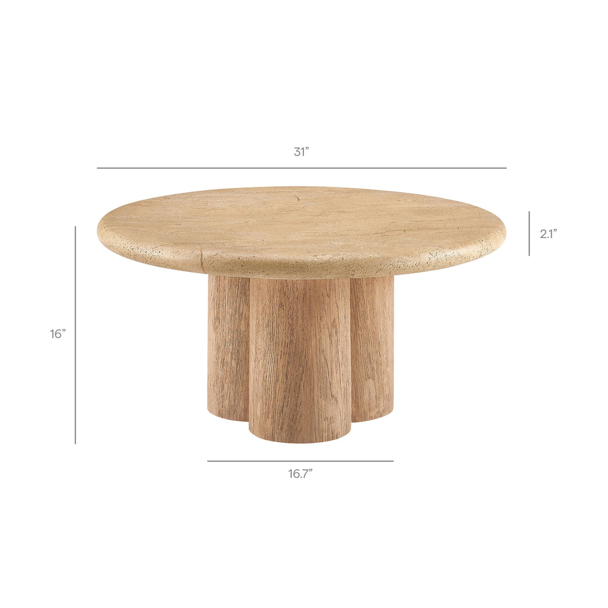 Tori 31-inch round indoor outdoor patio coffee table with natural wood grain pedestal base on Tampa Home & Garden Store