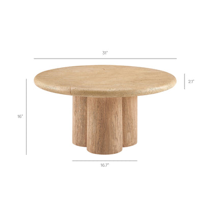 Tori 31-inch round indoor outdoor patio coffee table with natural wood grain pedestal base on Tampa Home & Garden Store
