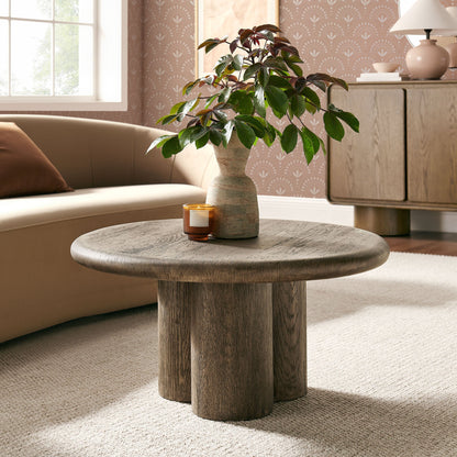 Tori 31-Inch Round Patio Coffee Table with gray wood-grain top and thick pedestal base on Tampa Home & Garden Store
