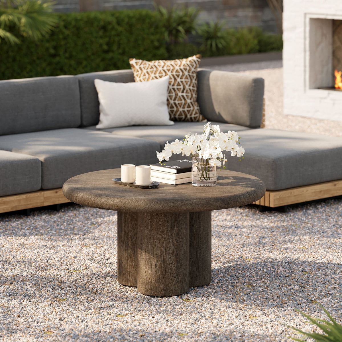 Tori 31-inch round outdoor patio coffee table by Modway in dark wood on Tampa Home & Garden Store
