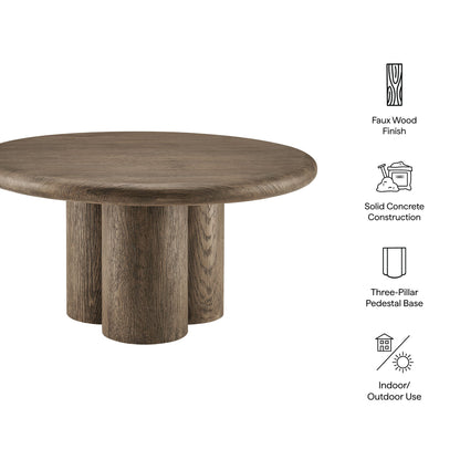 Tori 31 Inch Round Indoor/Outdoor Patio Coffee Table with faux wood finish 3-pillar pedestal base on Tampa Home & Garden Store