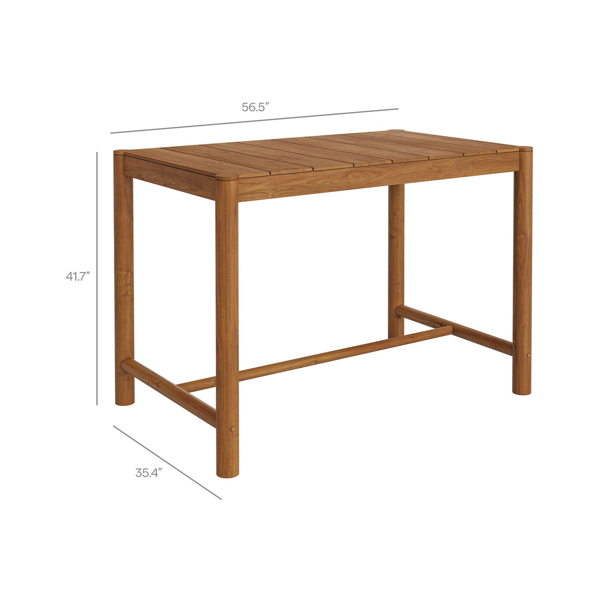 Eleni 56-inch outdoor teak bar table by Modway, rectangular slatted top in natural teak finish on Tampa Home & Garden Store
